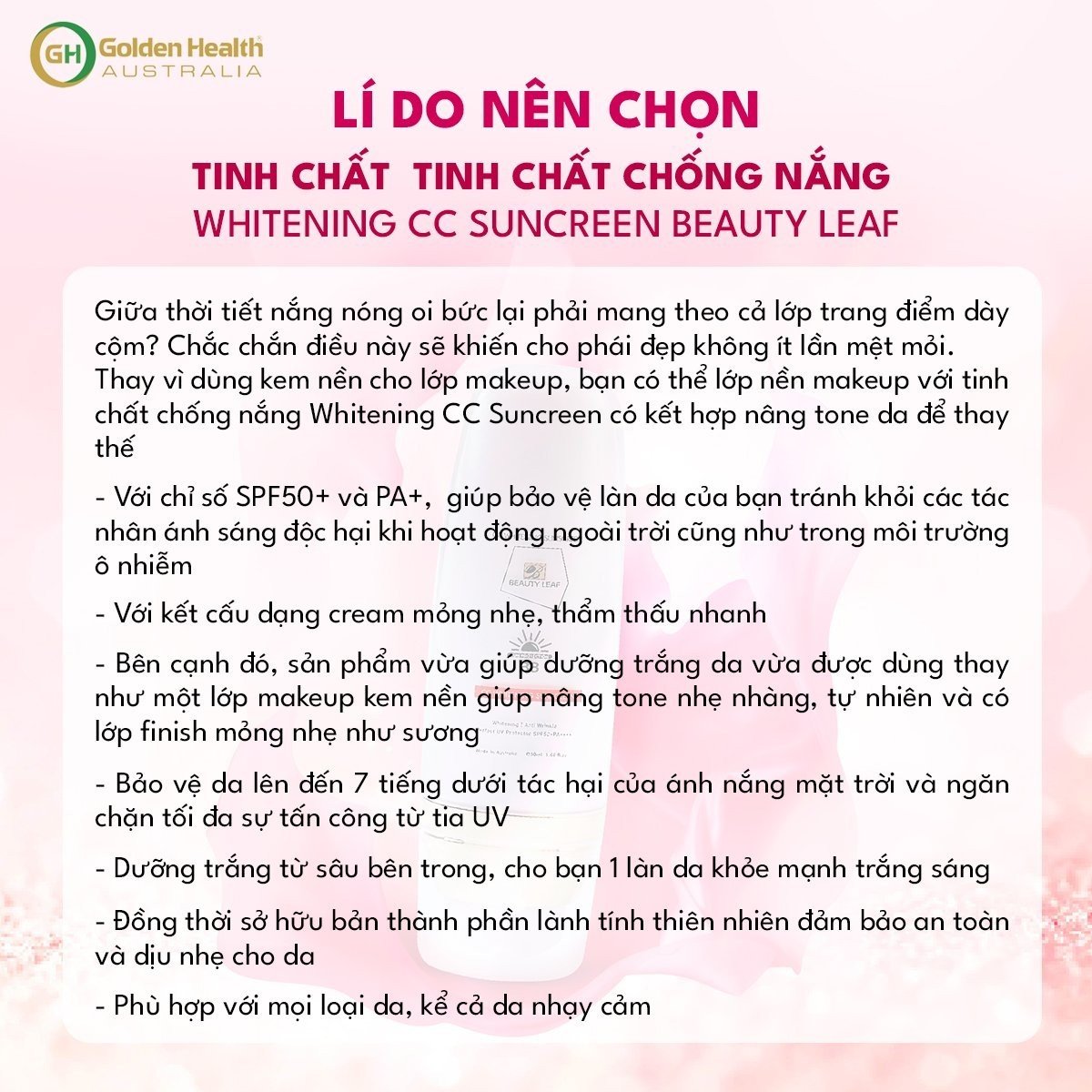 Kem Chống Nắng Beauty Leaf SPF50+ 50ml, Tinh Chất Chống Nắng Nâng Tone,Chống Nước Ngăn Chặn Và Bảo Vệ Da Dưới Tác Hại Của Tia UVA, UVB Từ Ánh Nắng Mặt Trời Beauty Leaf CC Whitening Sunscreen