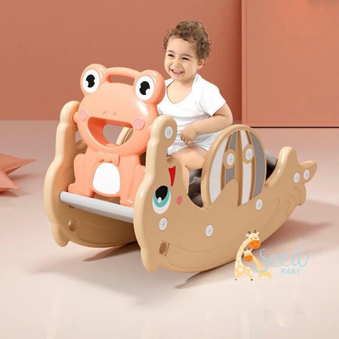 Cầu trượt bập bênh cá heo Holla nhựa cho bé kèm bóng rổ 3 trong 1