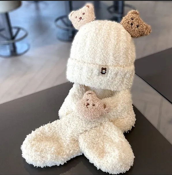 Set mũ len lông cừu kèm khăn 2 chú gấu cao cấp, mũ len gấu 3D lông cừu kèm khăn quàng cổ cho bé 0-4 tuổi
