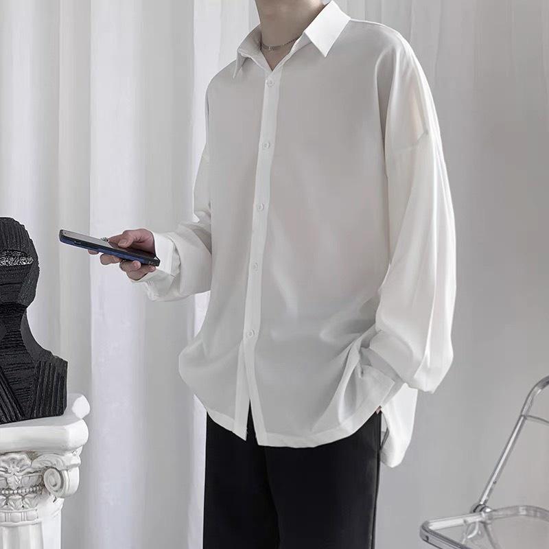 Áo Sơ mi TRƠN tay dài màu ĐEN/TRẮNG ️Nam Nữ Unisex chất lụa mềm mịn form rộng ️