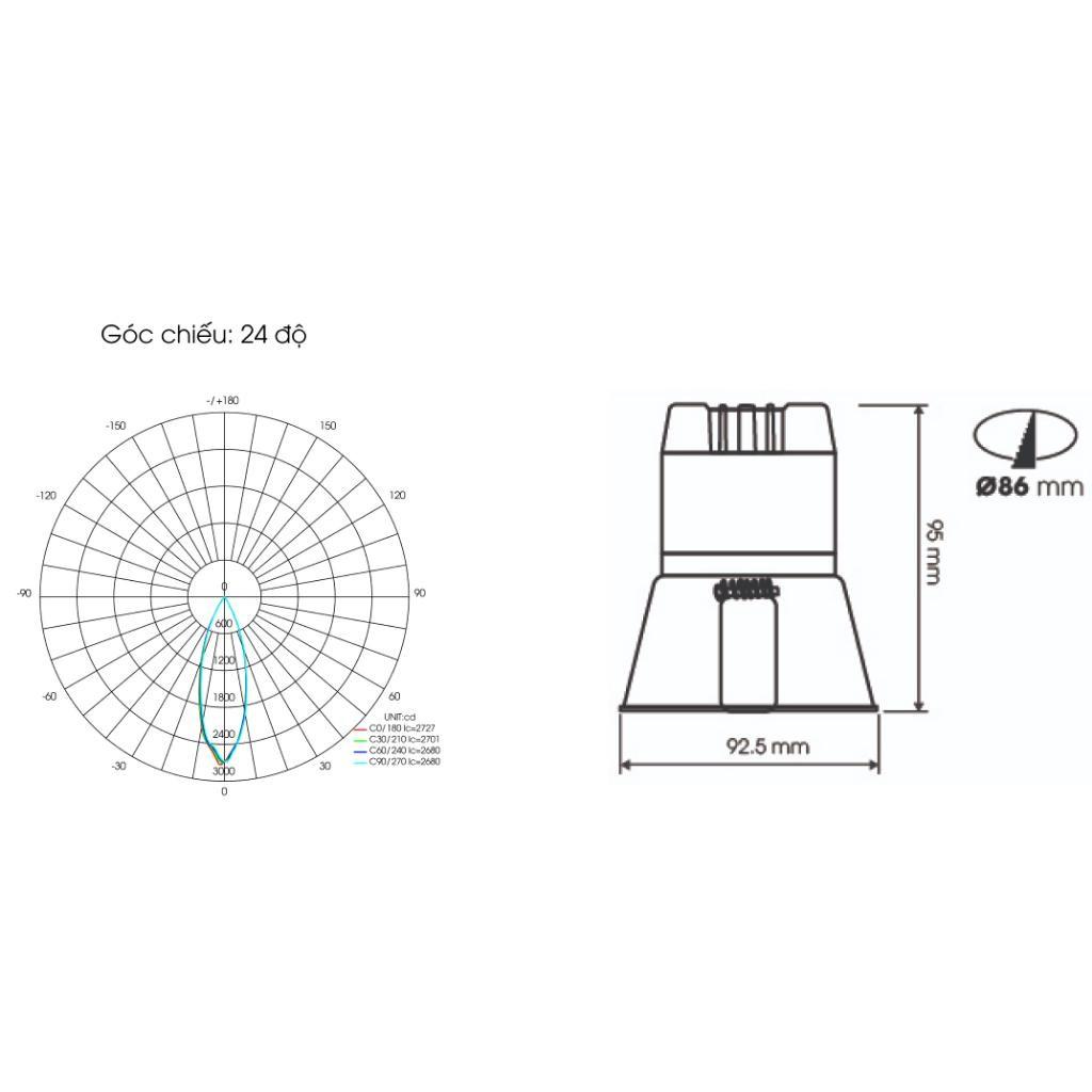 Đèn led downlight âm trần Rạng Đông góc chiếu 24 độ đèn  AT41 86/12W