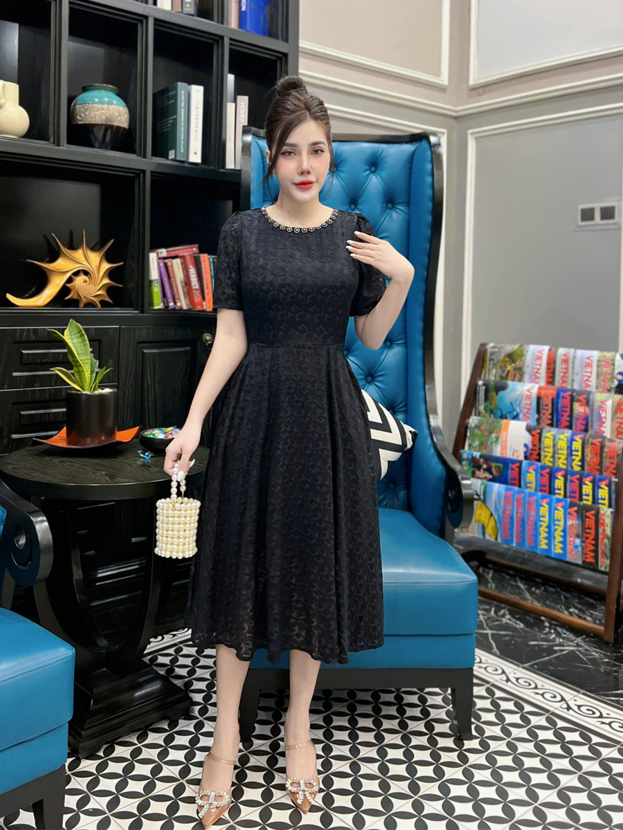 (HCM) Đầm vol ép nhung họa tiết lập thể D070- Lady Fashion - Khánh Linh Style