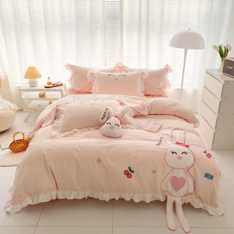 Bộ Chăn Ga Gối Cotton Linen Disney Hàng Nhập Khẩu Cao Cấp 5 Món Thỏ Hồng