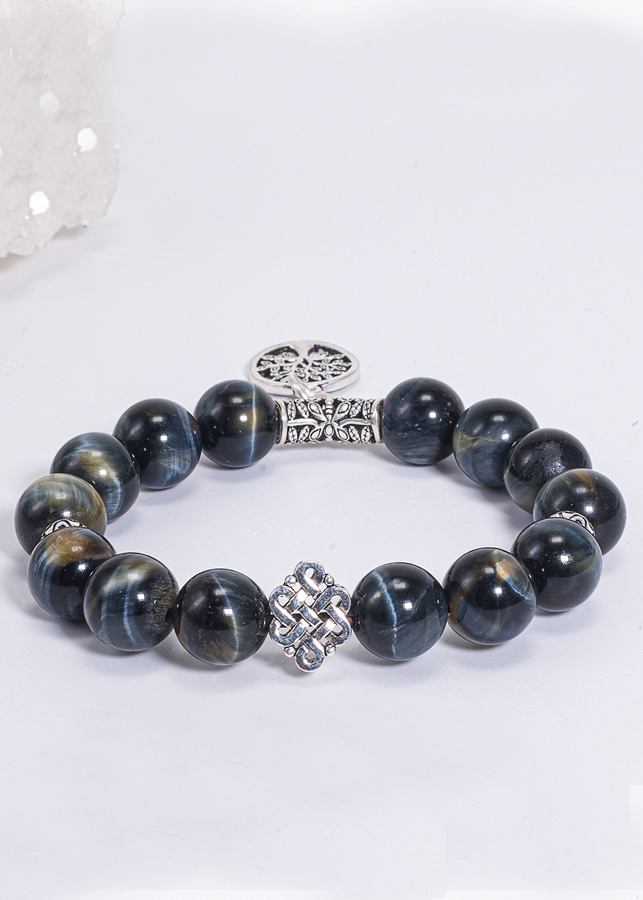 Vòng Tay Phong Thủy Đá Mắt Hổ Phối Charm Cây Bạc Mệnh Thủy, Mộc Ngọc Quý Gemstones