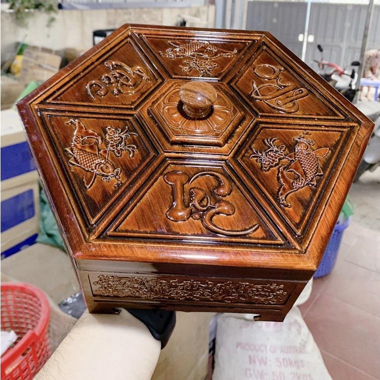 Khay đựng mứt Tết sang trọng giả gỗ họa tiết PHÚC LỘC THỌ cá chép