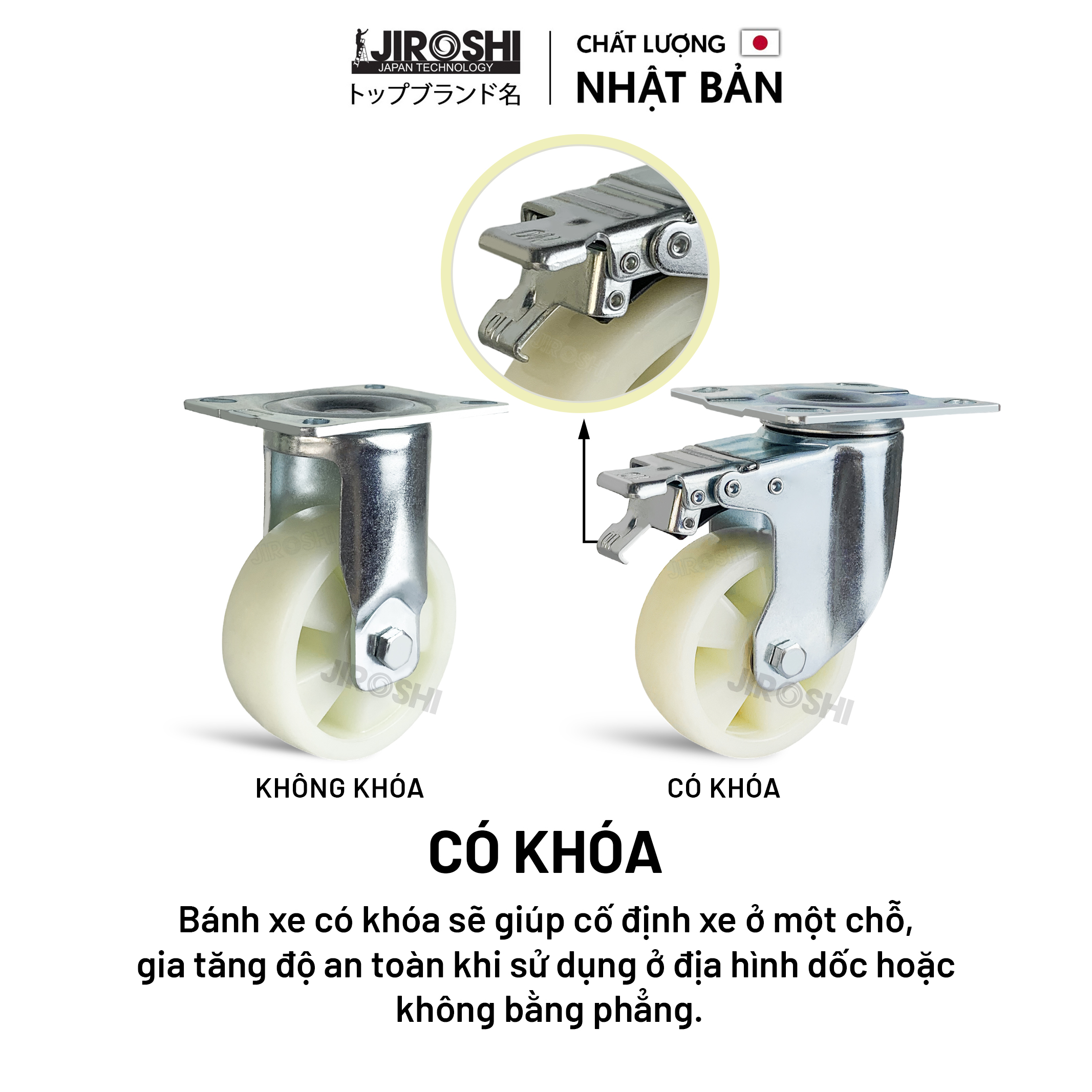 Bánh xe đẩy hàng Nhựa PP có bạc đạn và khóa JIROSHI , Bánh xe tải trọng lớn, độ bền cao công nghệ nhật bản