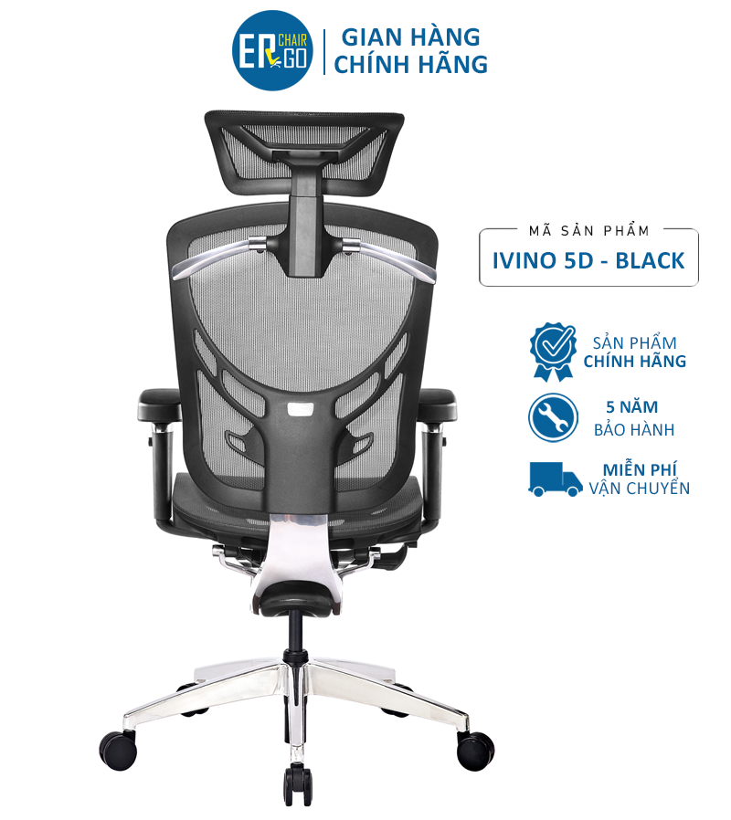 Ghế Công Thái Học Ergonomic Ivino 5D Đen bản 2021 - Tay cầm 5D, Ngả lưng 135 độ