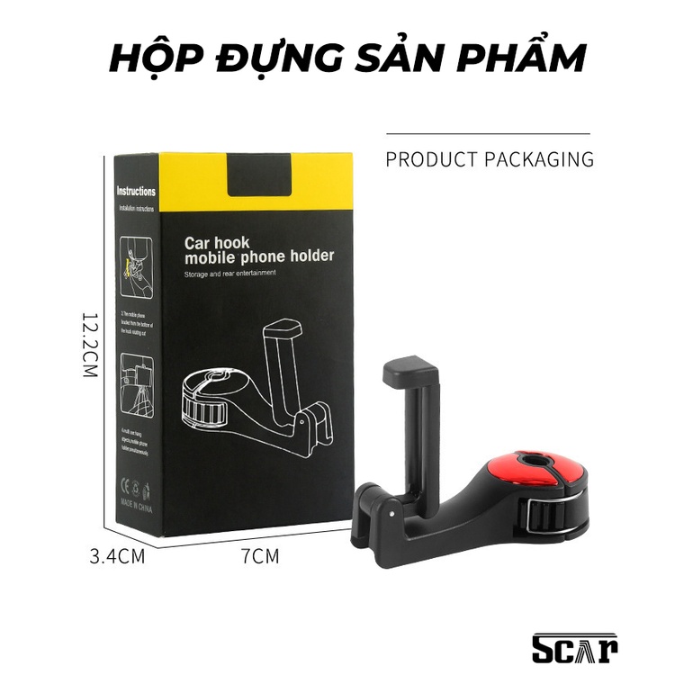 Móc treo đồ trên ô tô gài trước sau ghế, Kèm giá đỡ kẹp điện thoại trên xe tiện lợi thiết kế chắc chắn