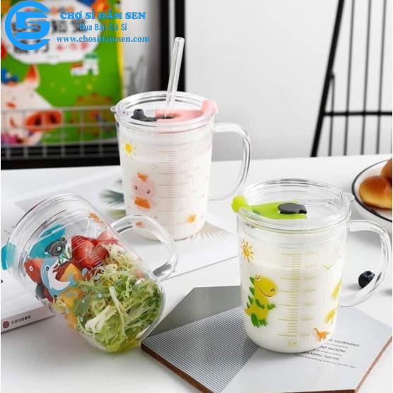 Ly cốc có nắp chịu nhiệt thủy tinh có chia vạch , cốc ly pha sữa cho bé