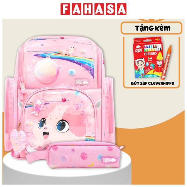 Combo Ba Lô Fancy + Bóp Viết Kitty Pinky Clever Hippo - Tiểu Học (Tặng Kèm Hộp 16 Bút Sáp Màu Colorful)