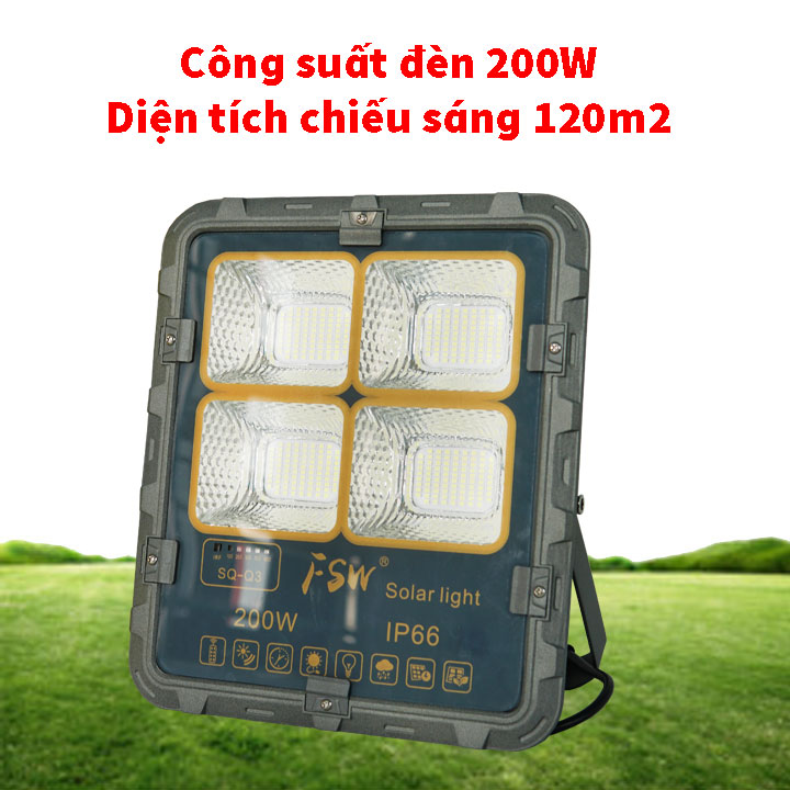 Đèn pha năng lượng mặt trời 200W cao cấp FSW-200 dây dài 5m ánh sáng trắng chiếu sáng liên tục trên 12h