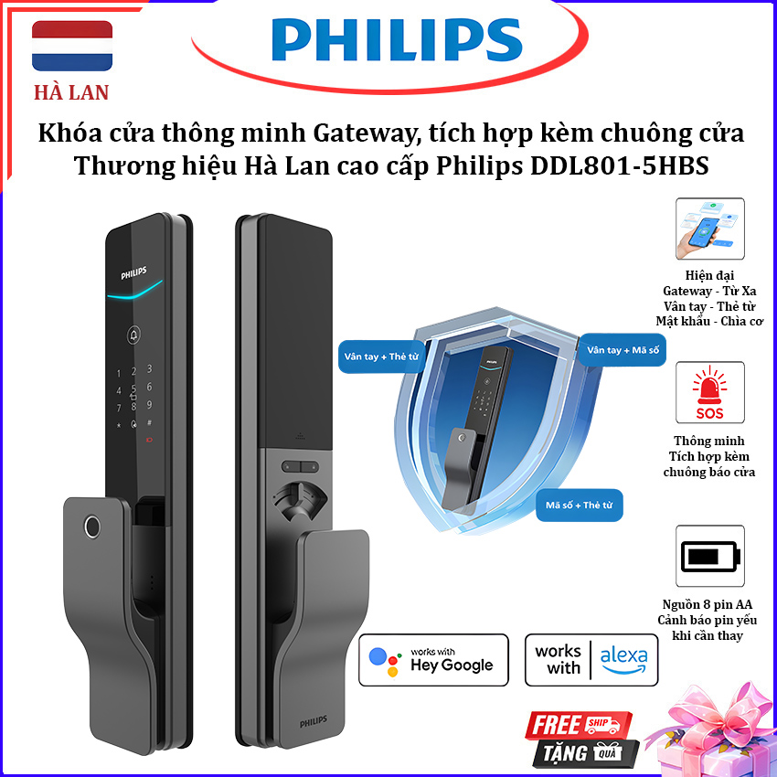 [CHÍNH HÃNG] Khóa cửa thông minh Philips DDL801-5HBS – Điều khiển từ xa, vân tay, thẻ từ, mật khẩu, chìa cơ, tích hợp chuông cửa