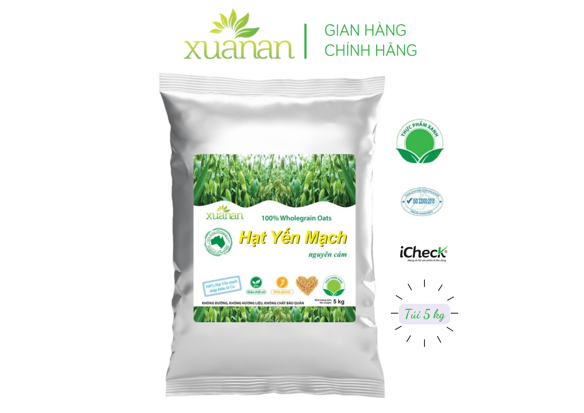 Hạt Yến Mạch Nguyên Cám Úc Xuân An Túi 5Kg