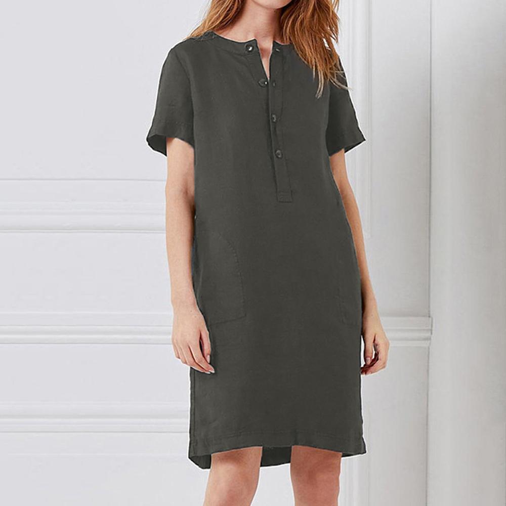 Women Linen Cotton Dress Straight Midi Dress with Button Pockets Short Sleeve Solid Plus-Size Spring Summer Casual