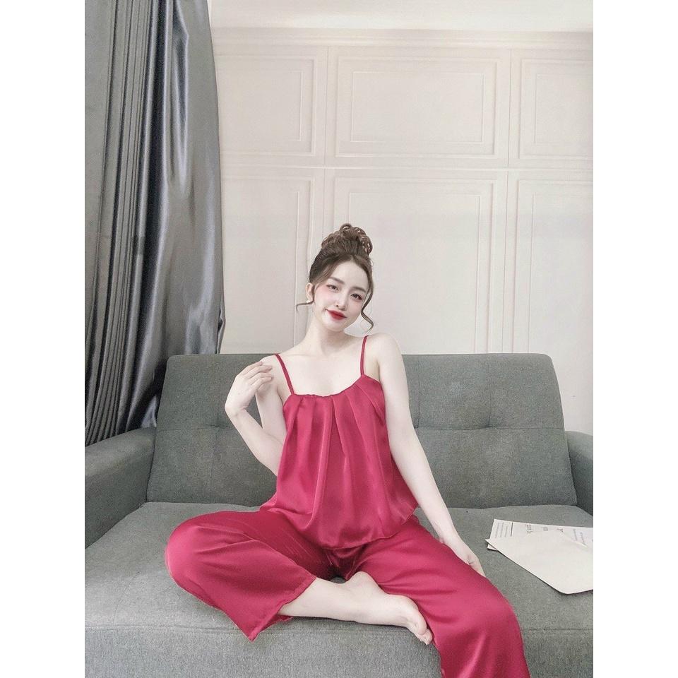 Đồ ngủ lụa satin áo 2 dây quần dài lịch sự, chất lụa đẹp, mát, ít nhăn, kiểu dáng rộng rãi, thoải mái, phom dưới 55kg