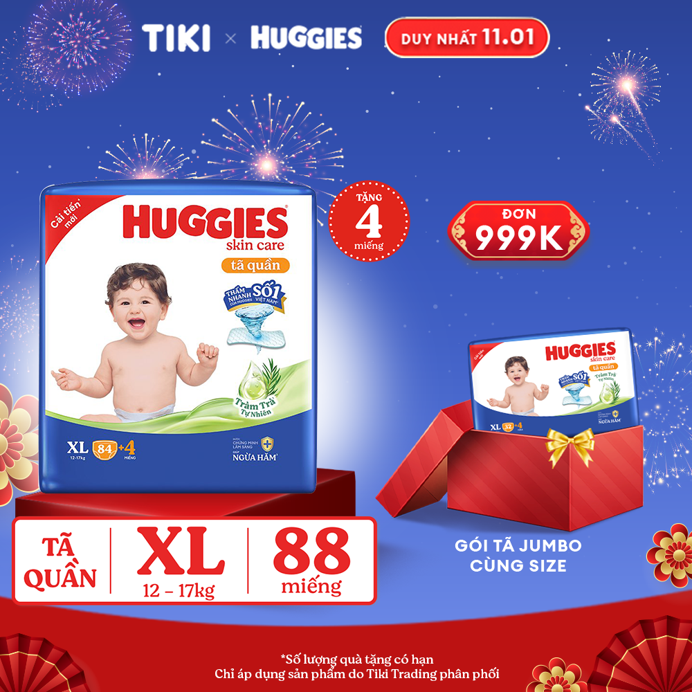 Tã/bỉm quần Huggies Skin Care Mega Jumbo XL84+4 miếng với tràm trà dịu da