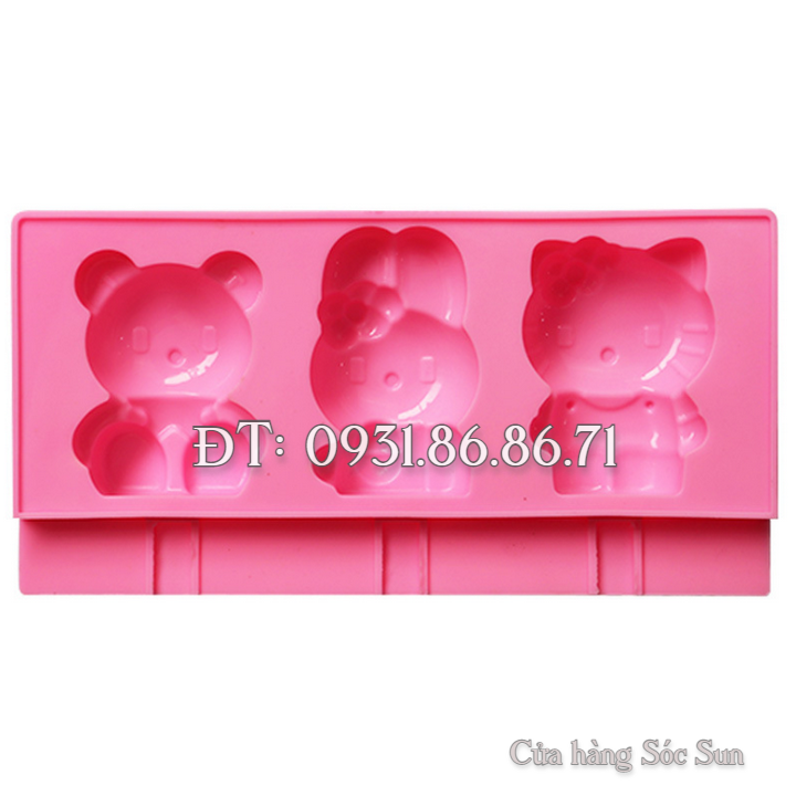 Khuôn silicon 3 con thỏ, mèo Kitty, gấu con – Mã số 1422