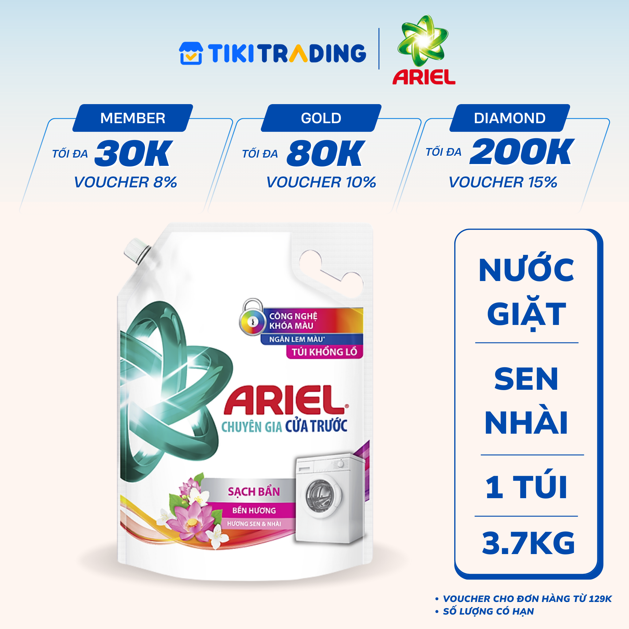 Nước Giặt ARIEL Cửa Trước Bền Màu Hương Sen Nhài Túi 3.7 KG