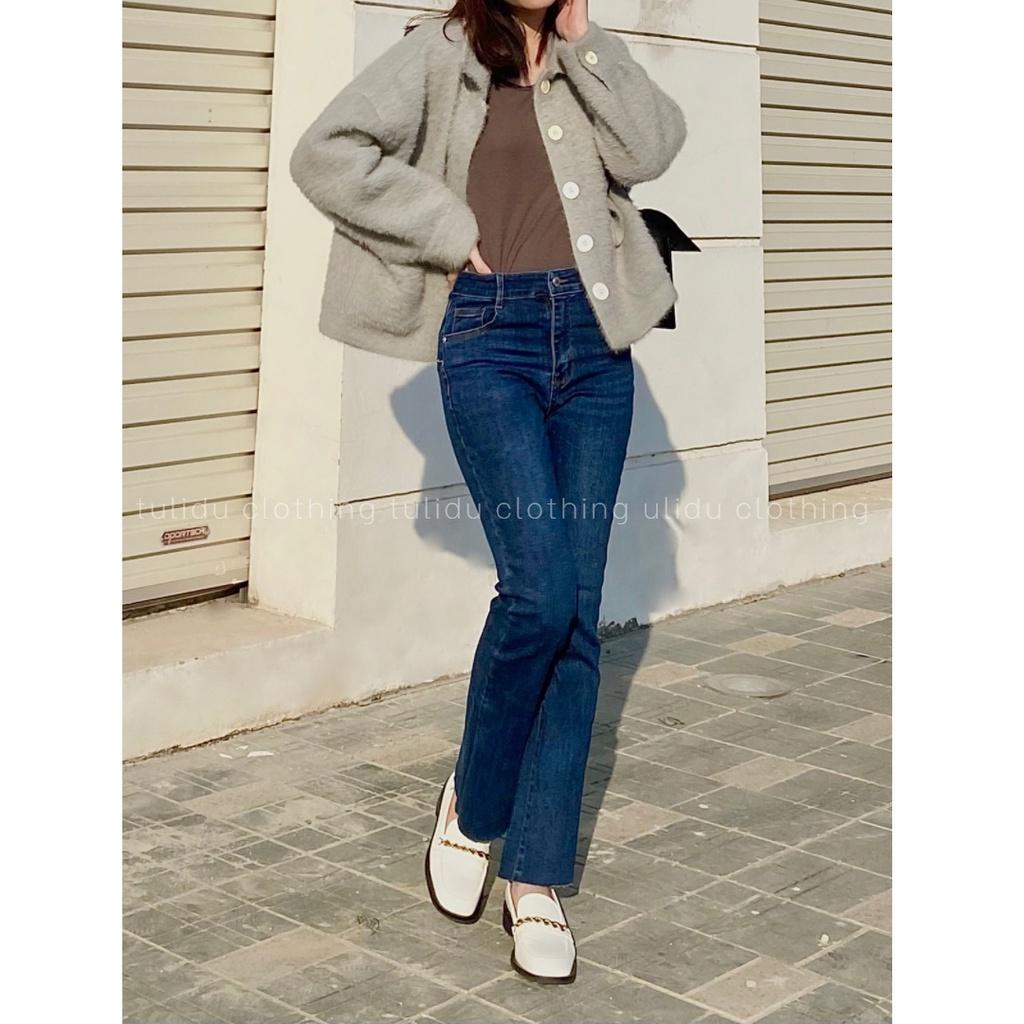 Quần Jean Ống Loe Flared Jean Lưng Cao Màu Xanh Gấu Cắt Co Giãn TULIDU Quần Bò Ống Loe #T83