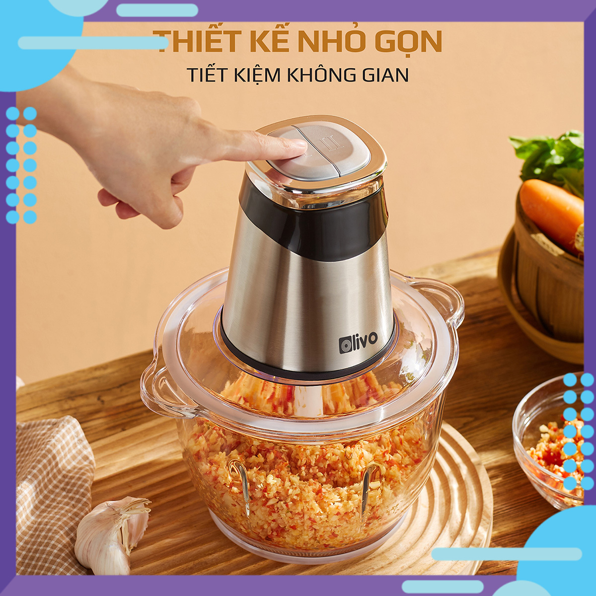 MÁY XAY THỊT-BÓC TỎI KHÔ ĐA NĂNG OLIVO FC21-CỐI THỦY TINH BỀN ĐẸP-HÀNG CHÍNH HÃNG