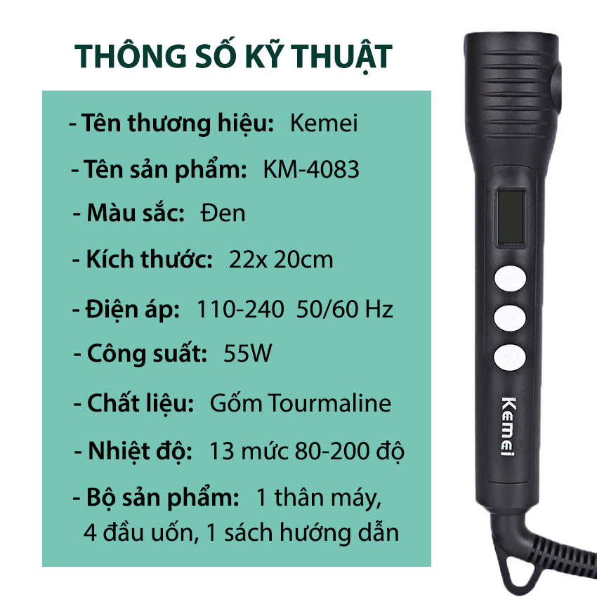 Máy uốn tóc đa năng Kemei-4083 chuyên nghiệp với 4 đầu uốn thay thế, điều chỉnh 13 mức nhiệt độ màn hình hiển thị LCD cao câp