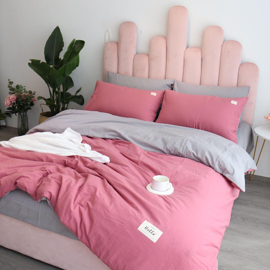 Bộ Chăn Chần Ga Gối Cotton Tici LIDACO - Hồng Đậm Ga Ghi