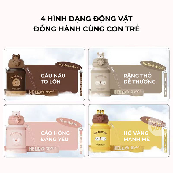 Bình nước giữ nhiệt cho bé Zoyzoii E8 có túi đựng Thermos cup, chất liệu inox 316 cao cấp, nắp chống rò nước an toàn, hình thú đáng yêu - Hàng chính hãng
