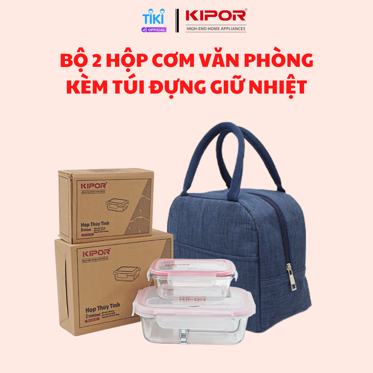 Bộ 2 hộp cơm thuỷ tinh văn phòng KIPOR KP-HC04 - Kèm túi giữ nhiệt có quai xách tiện lợi - Hàng chính hãng