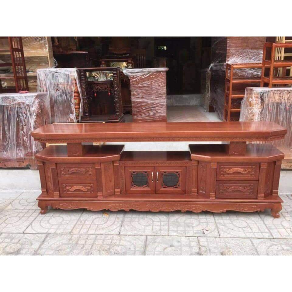 Kệ tivi vát cạnh gỗ xoan đào dài 2m màu cánh gián vân gỗ tự nhiên gỗ đã được xử lý tẩm sấy chống mối mọt sơn PU