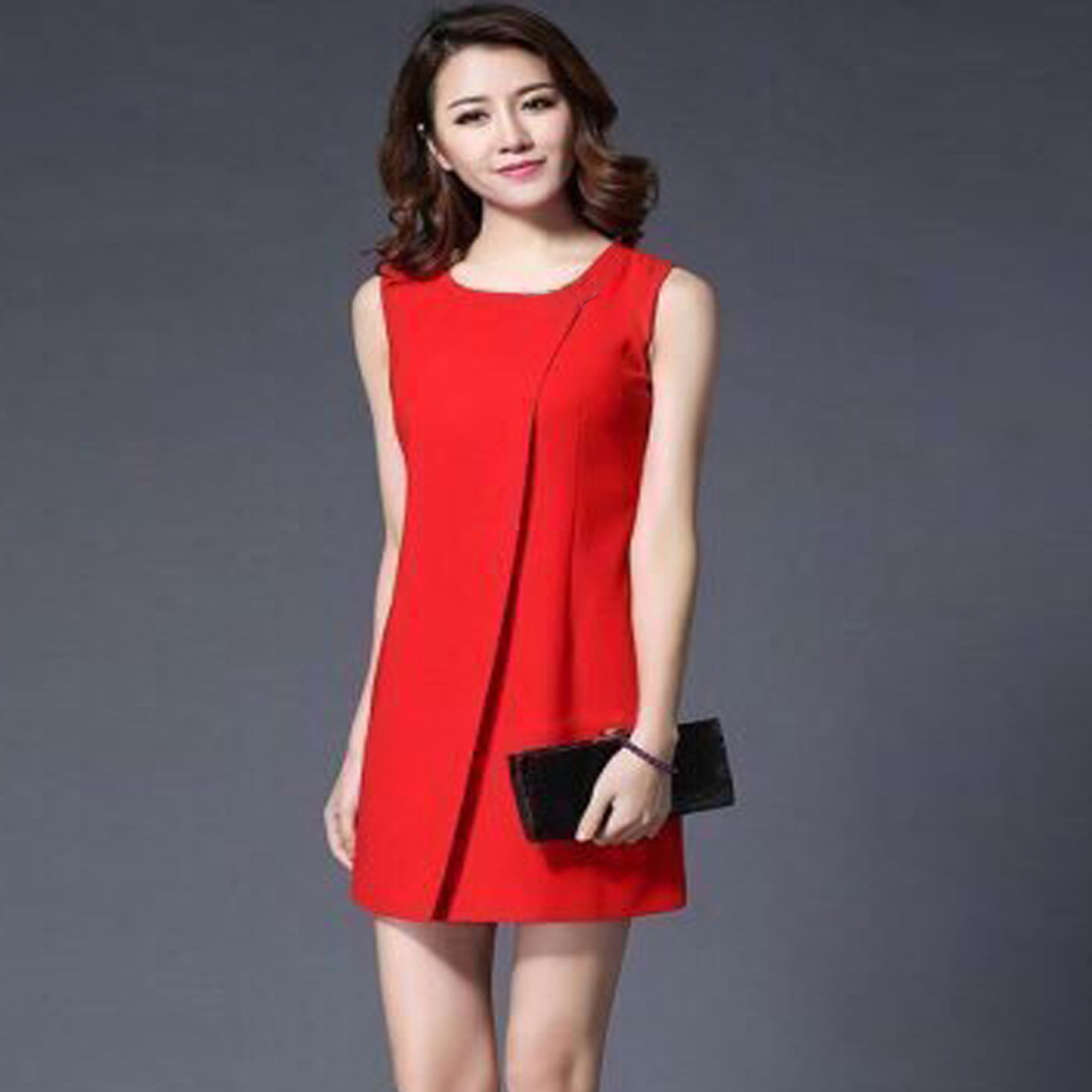 Đầm Dáng Suông Phối Tà Trước Màu Đỏ - Size M