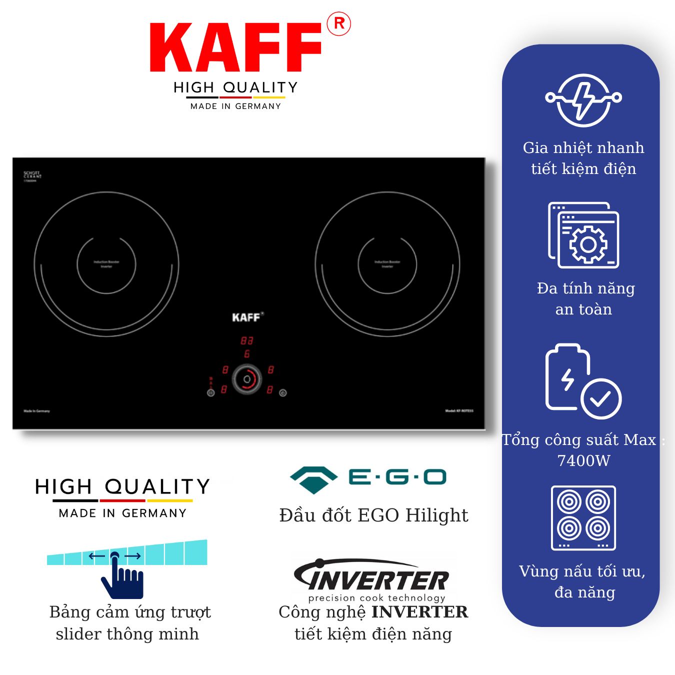Bếp âm từ đôi nhâp khẩu Germany KAFF KF–ROTE55 - Hàng Chính Hãng