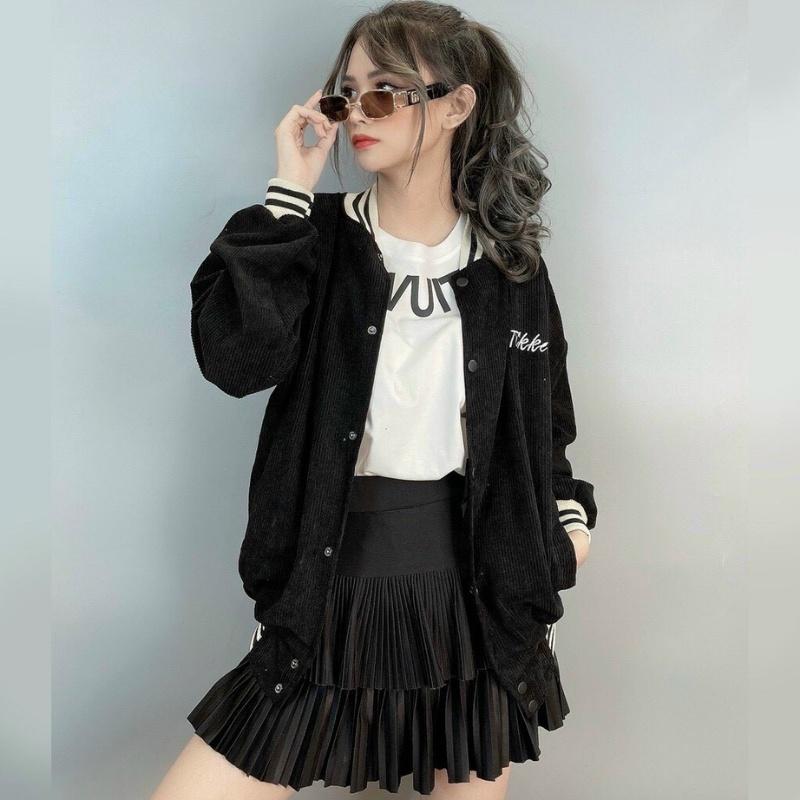 Áo khoác bomber nhung nữ nam unisex gió jacket cúc bấm form rộng local brand ulzzang phong cách hàn quốc đep TIKKEO