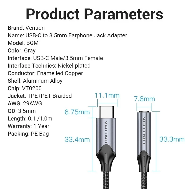 Jack chuyển Type C to 3.5 Vention tích hợp chip giải mã DAC 24bit 96kHz cho Samsung/ Xiaomi/ Laptop/ iPhone15-16 _ Hàng chính hãng
