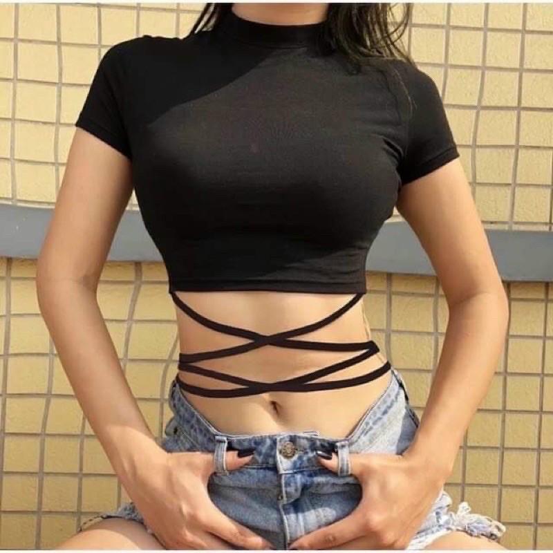 Áo thun croptop cộc tay nữ eo sexy thiết kế dây buộc eo điệu đà