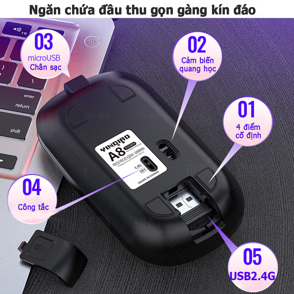 Chuột không dây YINA8201 chức năng sạc lại không cần phải thay pin, sử dụng được cho máy tính, laptop, tivi...- Hàng nhập khẩu