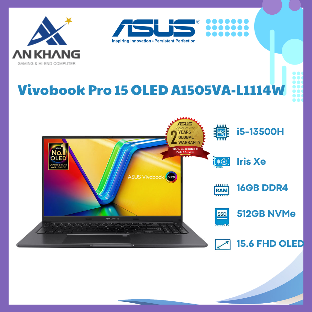 Laptop Asus Vivobook 15 OLED A1505VA L1114W (Core i5-13500H | 16GB | 512GB | Iris Xe Graphics | 15.6inch FHD | Windows 11 SL | Đen) - Hàng Chính Hãng - Bảo Hành 24 Tháng