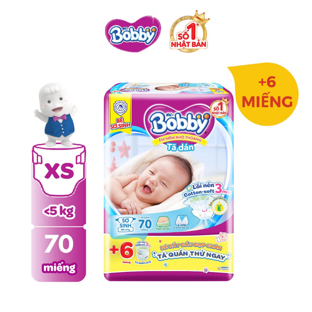 Tã Dán Sơ Sinh Bobby Gói Lớn XS72 + 8 Miếng Tã Quần Size S
