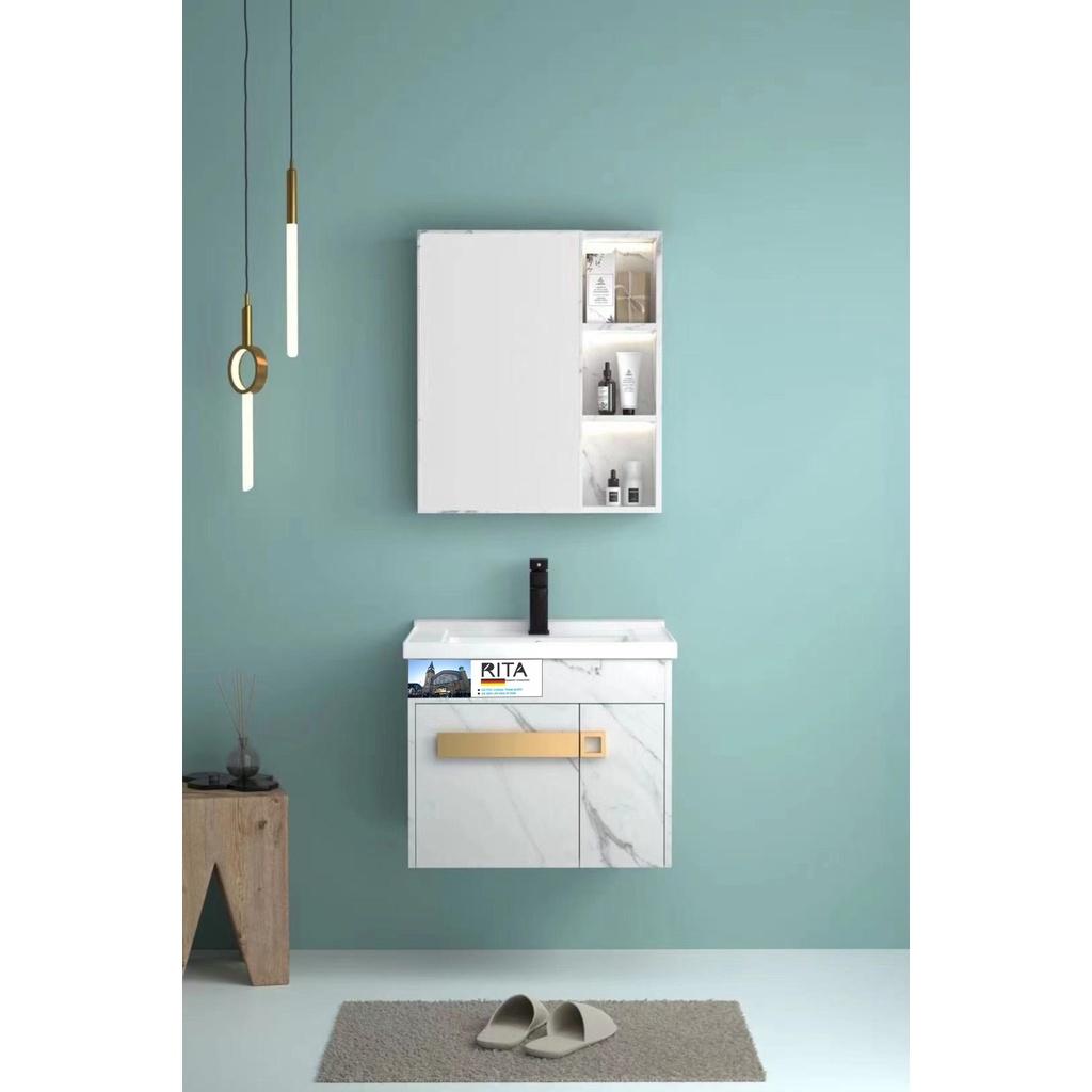 Bộ Tủ Lavabo Gỗ Polywood Phủ Melamine Chịu Ẩm Màu Trắng Vân Đá Cao Cấp