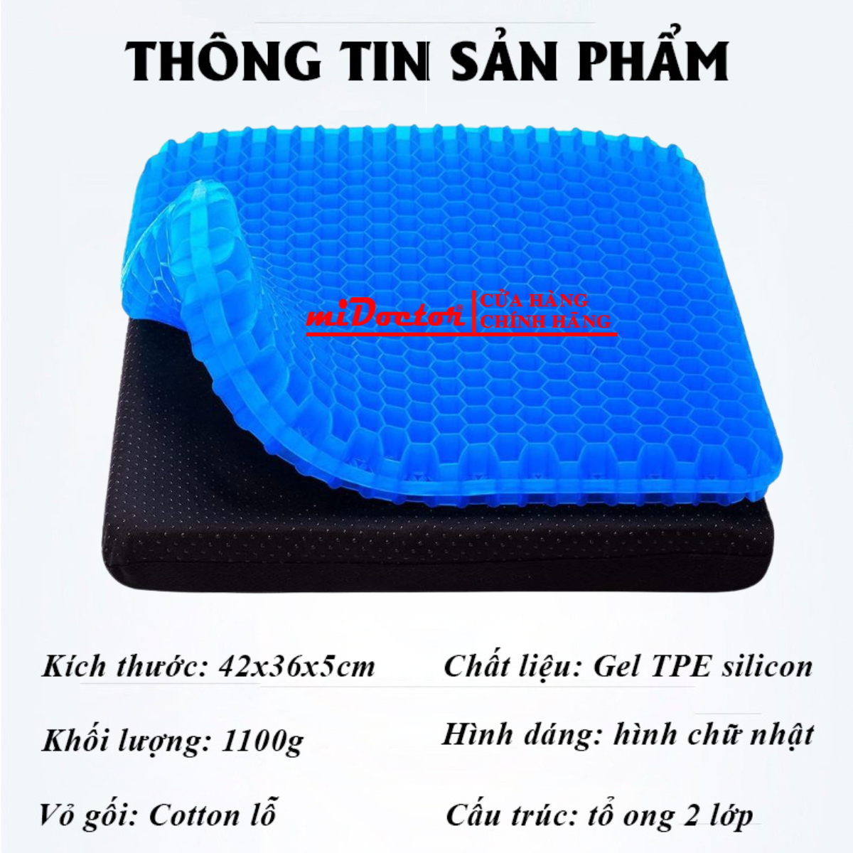 Đệm ngồi Gel 3D tổ ong thoáng khí, Đệm ngồi cao cấp chất liệu Silicon mát lạnh siêu êm - Hàng chính hãng miDoctor