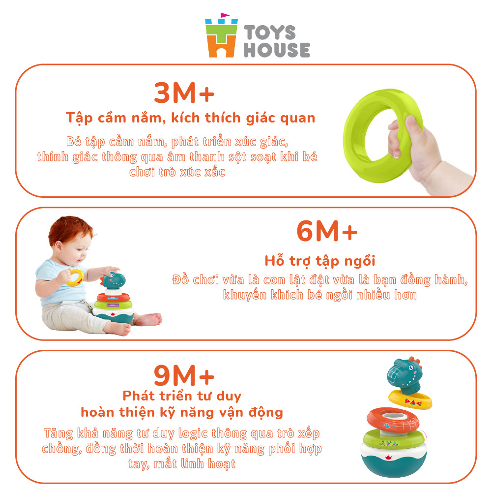 Đồ chơi lật đật kết hợp vòng xúc xắc xếp tháp màu sắc hình khủng long ToysHouse HE0298