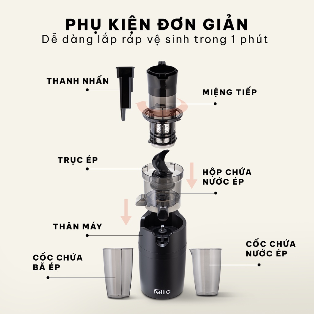 Máy ép chậm Fellia S268 -( Màu Black) Hàng Chính Hãng