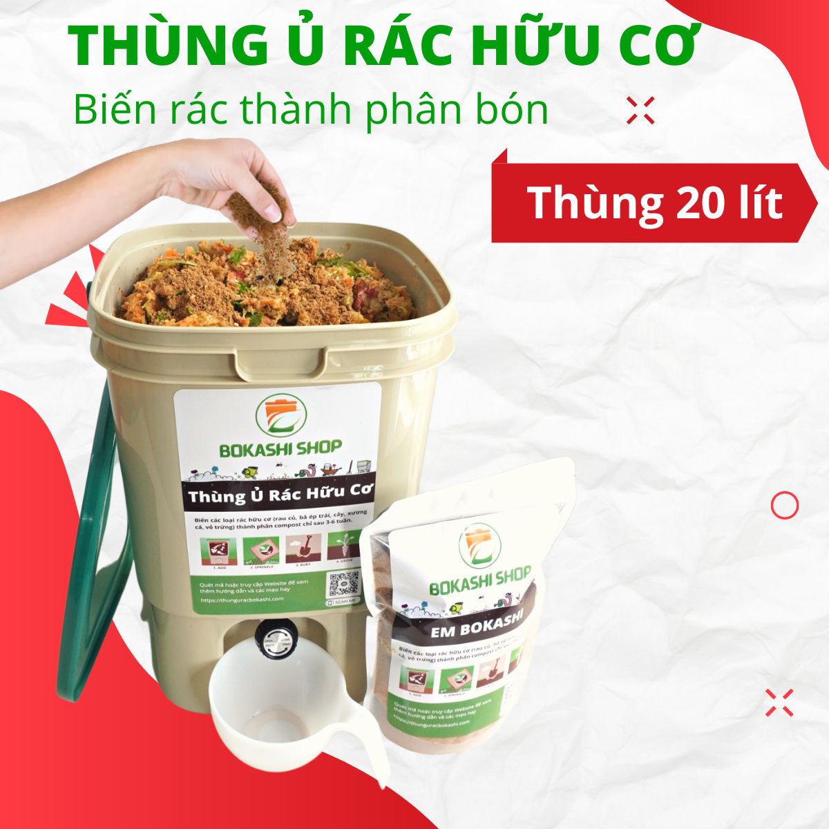 Thùng Ủ Bokashi biến rác thành phân - Thùng Dầy, Kín Mùi, Sạch Sẽ  [Tặng phụ kiện + 1kg EM)