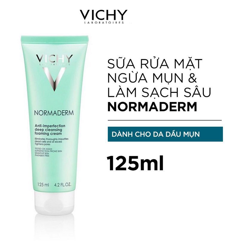 Sữa Rửa Mặt Tạo Bọt Ngừa Mụn &amp; Làm Sạch Sâu Vichy Normaderm Anti-Imperfection Deep Cleansing Foaming Cream 125ml