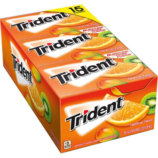 Lốc 12 thanh Kẹo gum Trident Tropical Twist vị Trái cây nhiệt đới (14 viên - Sugarfree)