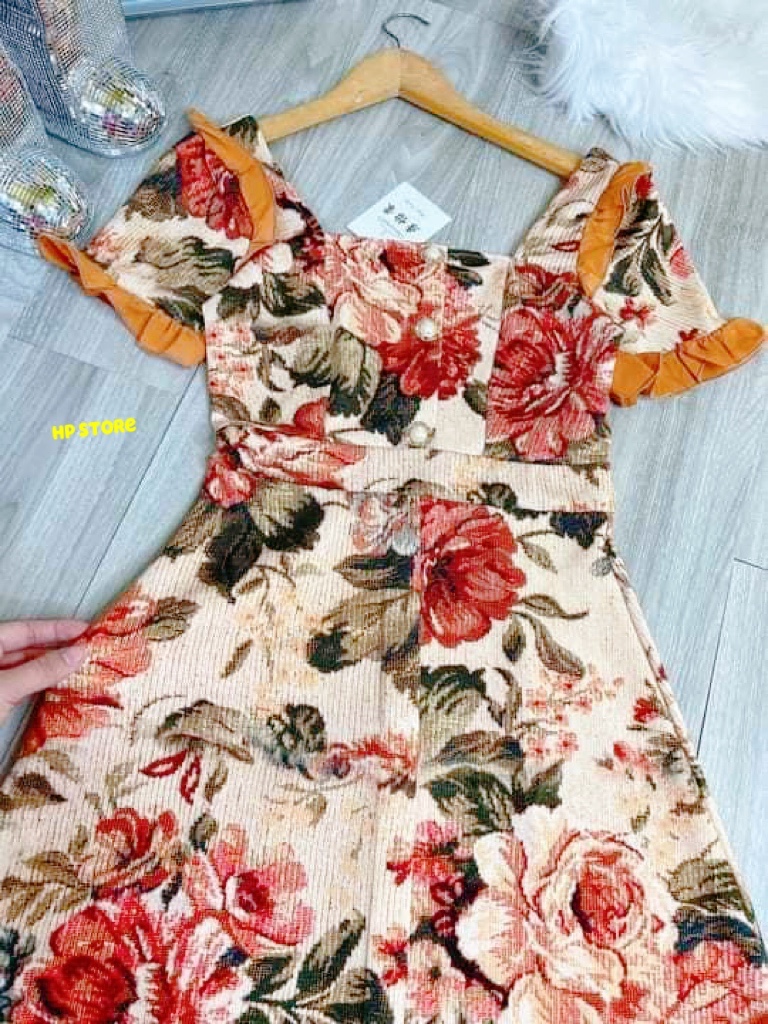 Đầm Váy Nữ Hoa Nâu Đính Ngọc