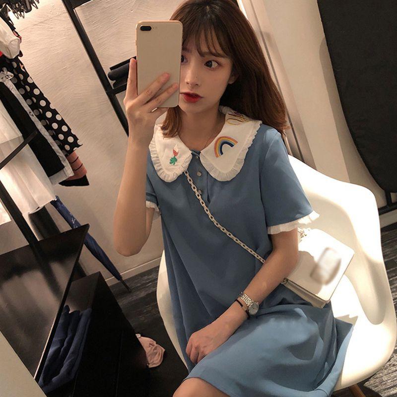 Đầm Dáng Rộng Cổ Búp Bê Thêu Họa Tiết Xinh Xắn Cho Nữ