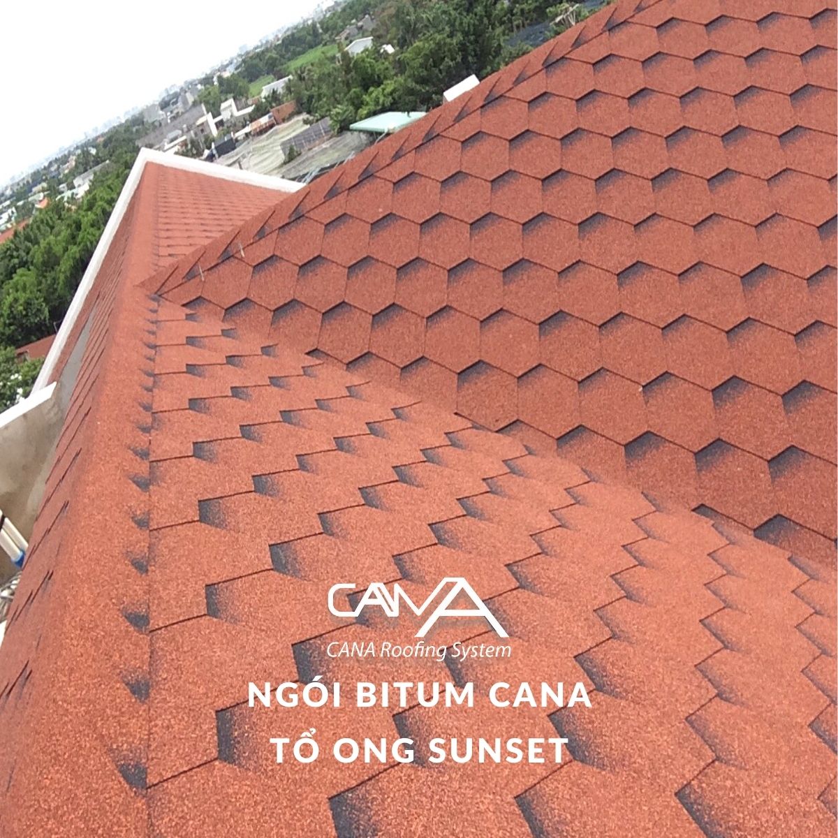 Ngói nhựa đường phủ đá CANA tổ ong sunset - ngói lợp bitum Hàn Quốc bền đẹp cho biệt thự, nhà phố, resort, đóng gói 22 tấm/gói phủ 3m2 mái
