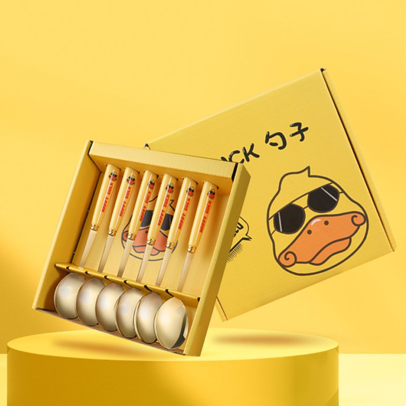 Bộ 6 Thìa Muỗng Vàng Happy Duck Mạ Vàng Cán Dài Full Box