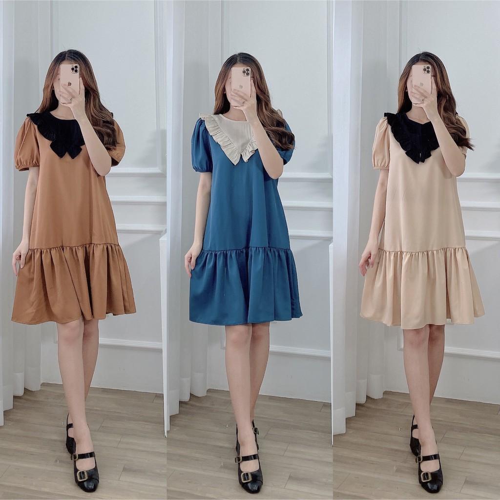 Váy suông đuôi cá cổ bèo phối màu, đầm xuông rộng freesize tay bo phồng, 3 màu mã V209 - Michi's House