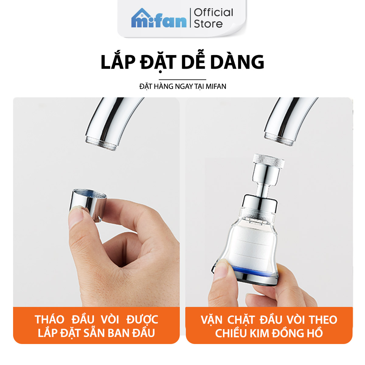 Đầu vòi rửa bát tăng áp lọc nước Mifan -  Lõi PP loại bỏ cặn bẩn, clo, màu và mùi, cổ xoay 360 bồn rửa chén